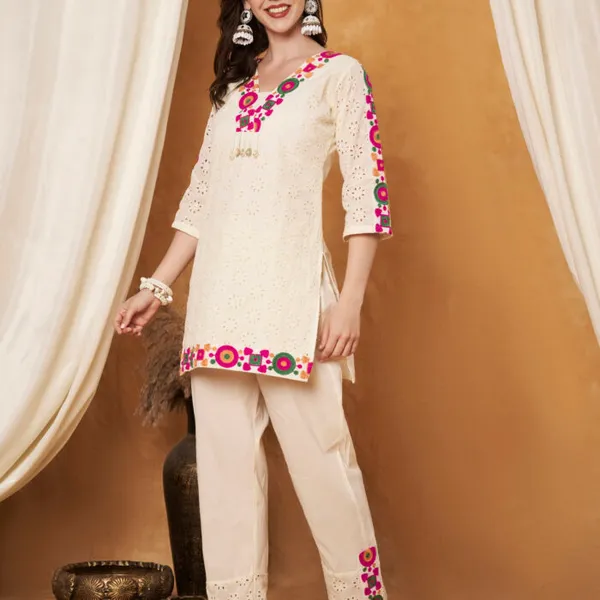 Cream_Cotton_Crochet_Multicolor_Thread_Co-Ord_Set_For_Women