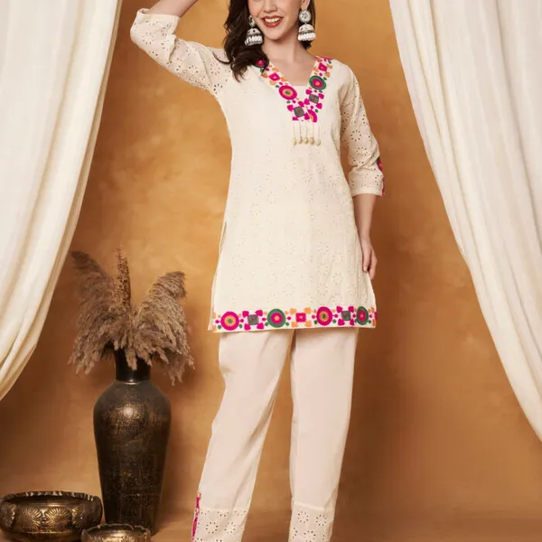 Cream_Cotton_Crochet_Multicolor_Thread_Co-Ord_Set_For_Women