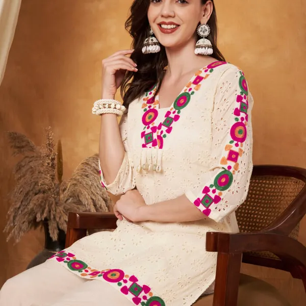 Cream_Cotton_Crochet_Multicolor_Thread_Co-Ord_Set_For_Women