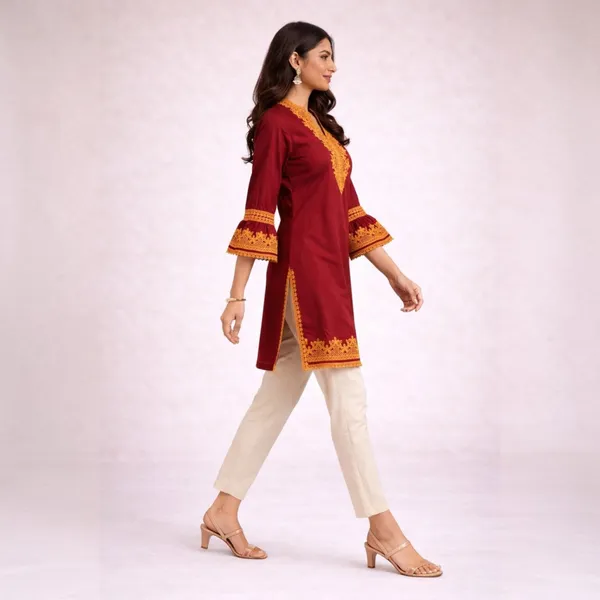 Maroon_Cotton_And_Polyester_Straight_Fit_Lace_Work_Kurti_For_Women