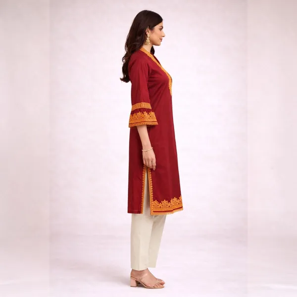Maroon_Cotton_And_Polyester_Straight_Fit_Lace_Work_Kurti_For_Women