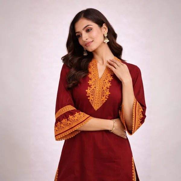 Maroon_Cotton_And_Polyester_Straight_Fit_Lace_Work_Kurti_For_Women