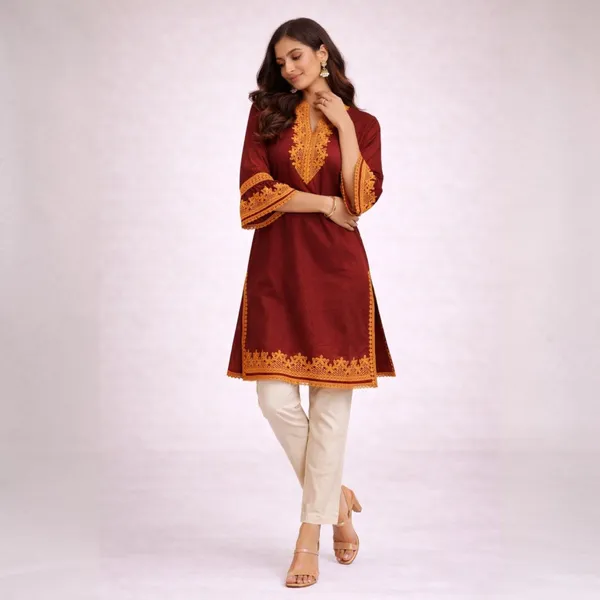 Maroon_Cotton_And_Polyester_Straight_Fit_Lace_Work_Kurti_For_Women