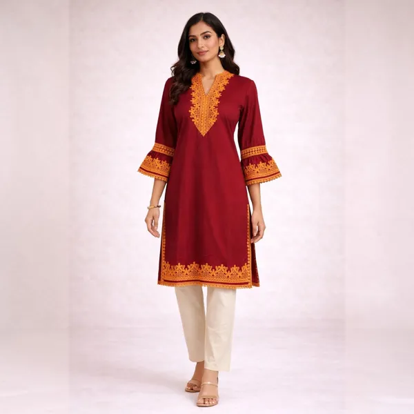 Maroon_Cotton_And_Polyester_Straight_Fit_Lace_Work_Kurti_For_Women