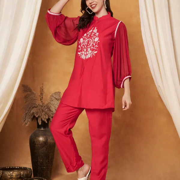 Red_Cotton_And_Polyester_Balloon_Sleeve_Embroidered_Co-Ord_Set_For_Women