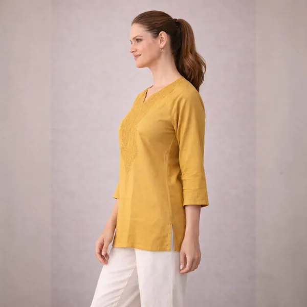 Yellow_Cotton_And_Polyester_Regular_Fit_Embroidered_Short_Kurti_For_Women