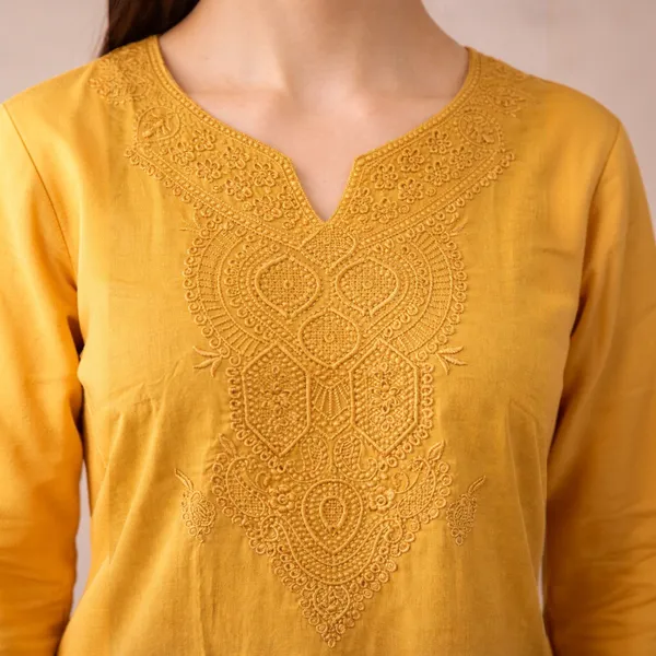 Yellow_Cotton_And_Polyester_Regular_Fit_Embroidered_Short_Kurti_For_Women