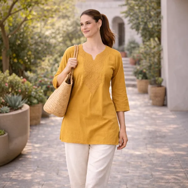 Yellow_Cotton_And_Polyester_Regular_Fit_Embroidered_Short_Kurti_For_Women