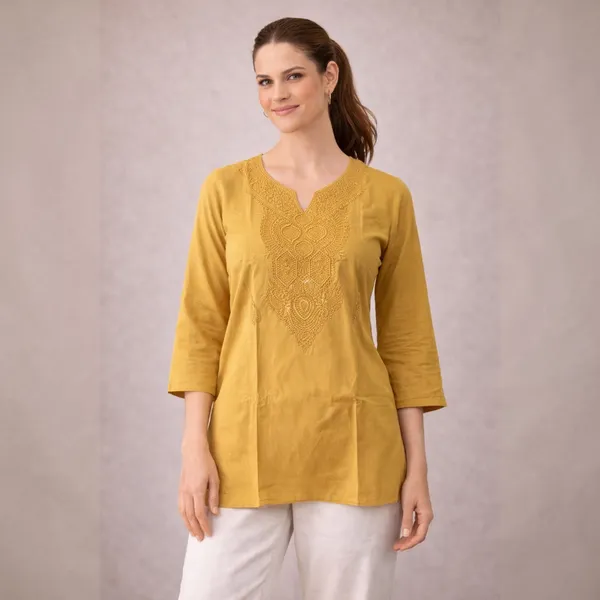Yellow_Cotton_And_Polyester_Regular_Fit_Embroidered_Short_Kurti_For_Women