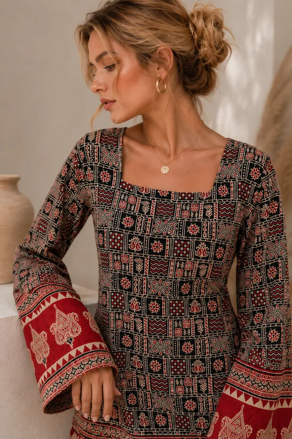 MOKA_Women_Black_&_Maroon_Ethnic_Print_Square_Neck_Tie-Back_Top