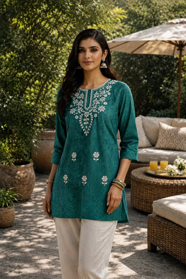 Dark_Green_Cotton_Printed_Embroidered_Short_Kurti_For_Women