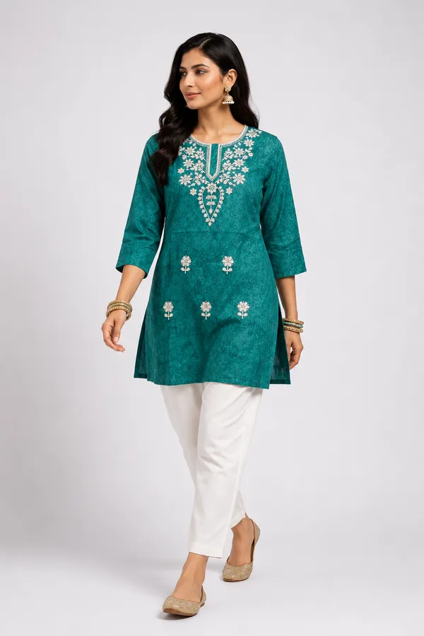 Dark_Green_Cotton_Printed_Embroidered_Short_Kurti_For_Women