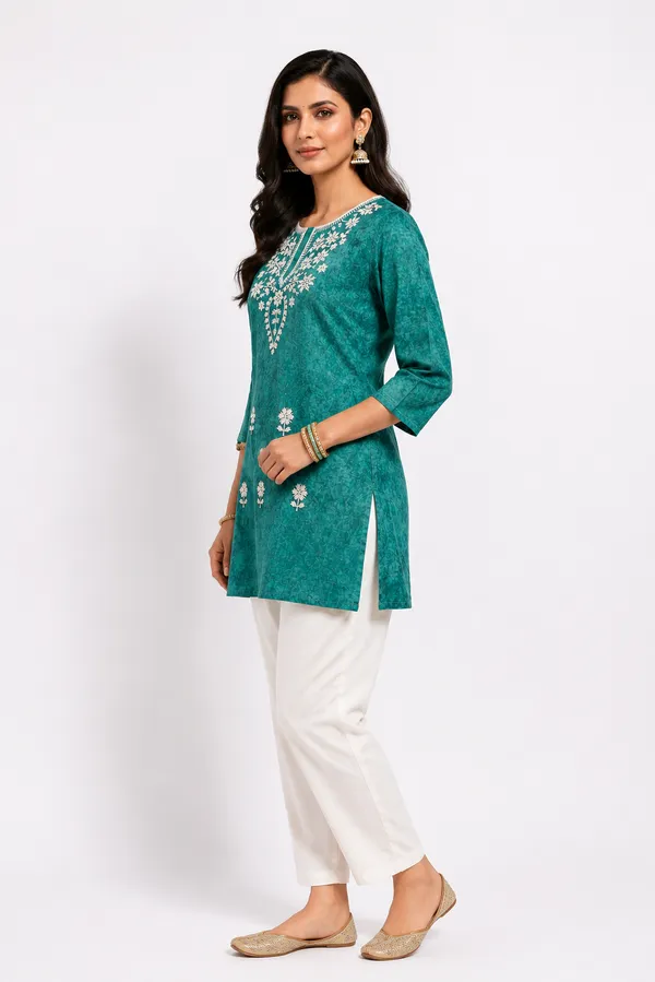 Dark_Green_Cotton_Printed_Embroidered_Short_Kurti_For_Women