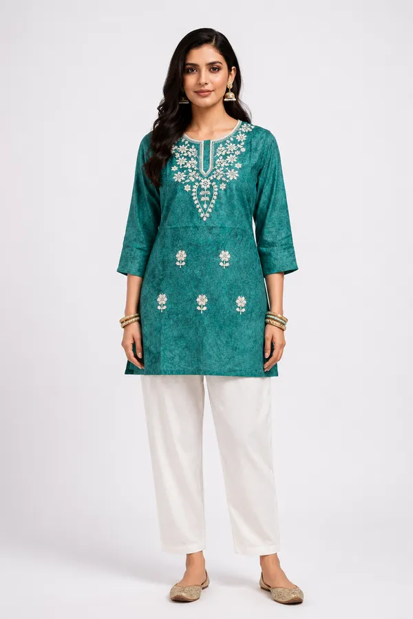 Dark_Green_Cotton_Printed_Embroidered_Short_Kurti_For_Women