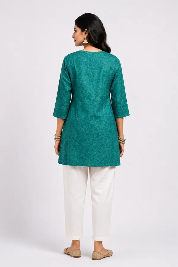Dark_Green_Cotton_Printed_Embroidered_Short_Kurti_For_Women