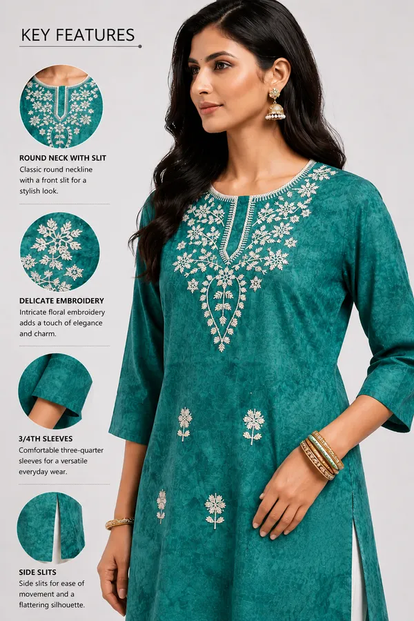 Dark_Green_Cotton_Printed_Embroidered_Short_Kurti_For_Women