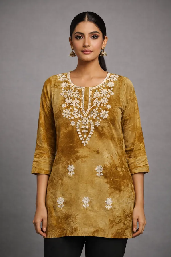 Golden_Cotton_Printed_Embroidered_Short_Kurti_For_Women