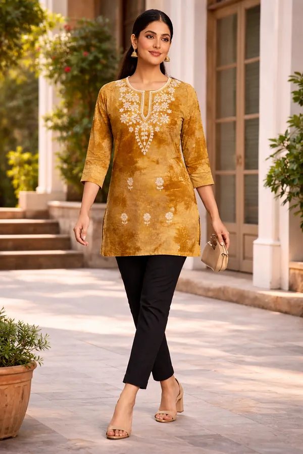 Golden_Cotton_Printed_Embroidered_Short_Kurti_For_Women