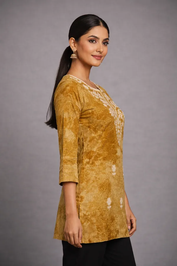 Golden_Cotton_Printed_Embroidered_Short_Kurti_For_Women