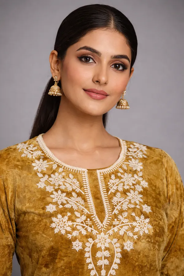 Golden_Cotton_Printed_Embroidered_Short_Kurti_For_Women