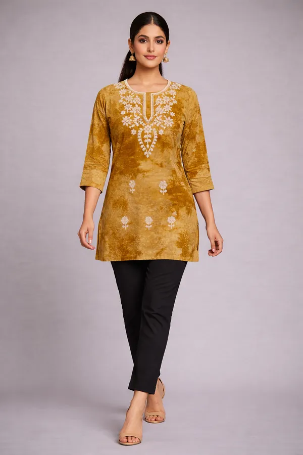 Golden_Cotton_Printed_Embroidered_Short_Kurti_For_Women
