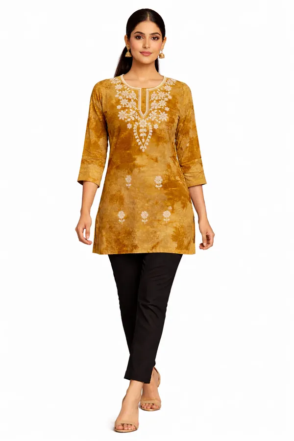 Golden_Cotton_Printed_Embroidered_Short_Kurti_For_Women