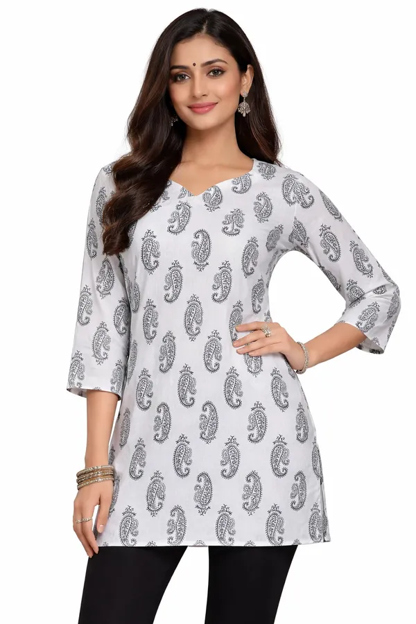 White_And_black_Cotton_Printed_Short_Kurti_For_Women