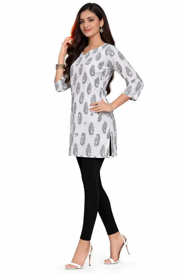 White_And_black_Cotton_Printed_Short_Kurti_For_Women