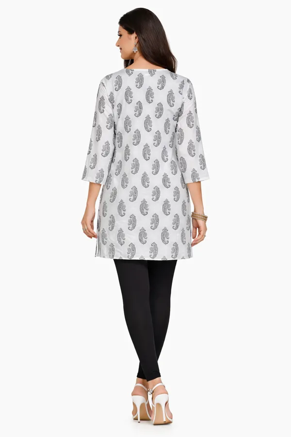 White_And_black_Cotton_Printed_Short_Kurti_For_Women