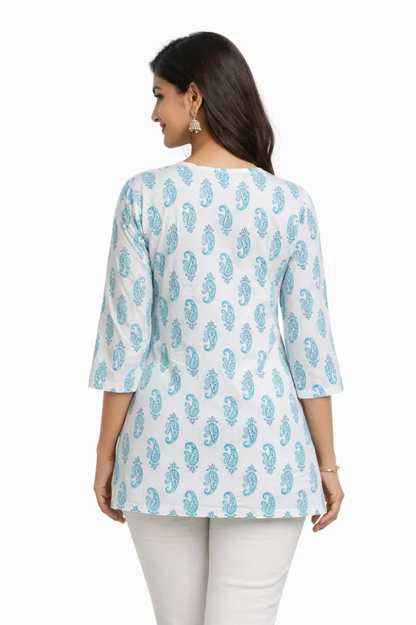 Blue_And_White_Cotton_Printed_Short_Kurti_For_Women