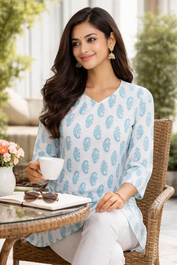 Blue_And_White_Cotton_Printed_Short_Kurti_For_Women
