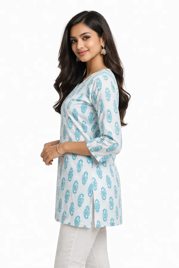 Blue_And_White_Cotton_Printed_Short_Kurti_For_Women