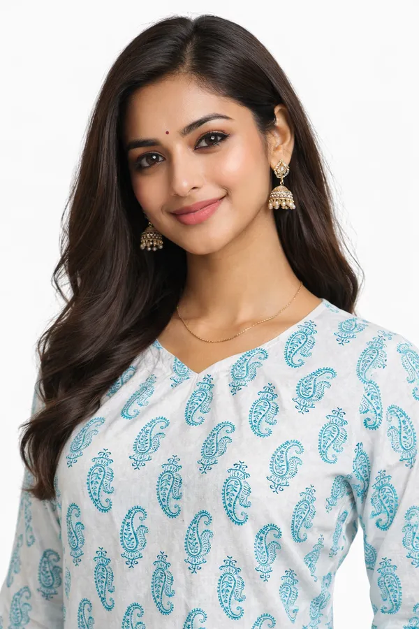Blue_And_White_Cotton_Printed_Short_Kurti_For_Women