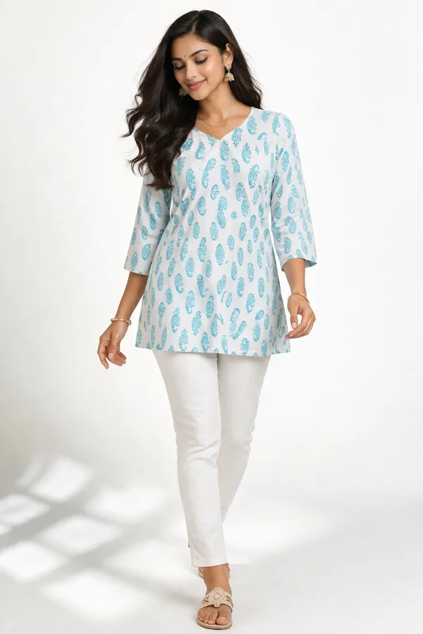 Blue_And_White_Cotton_Printed_Short_Kurti_For_Women