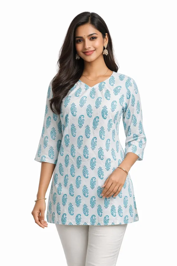 Blue_And_White_Cotton_Printed_Short_Kurti_For_Women