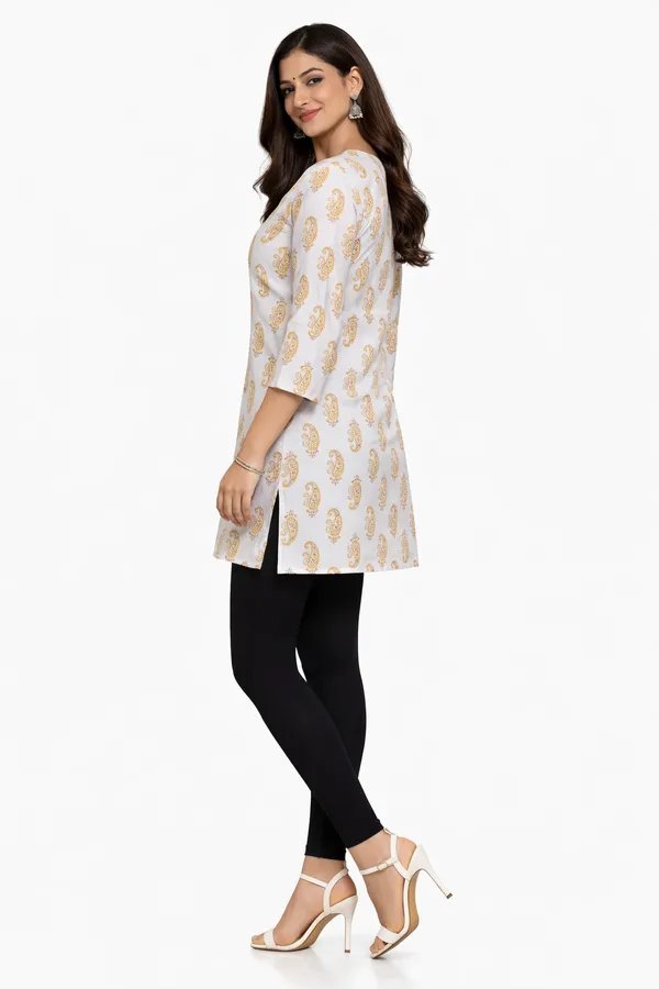White_And_Mustard_Cotton_Printed_Short_Kurti_For_Women