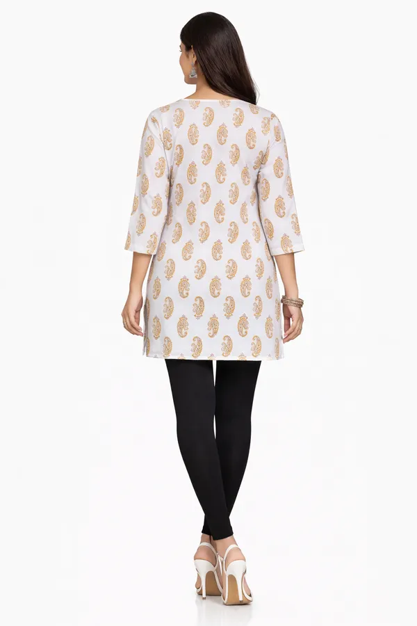 White_And_Mustard_Cotton_Printed_Short_Kurti_For_Women