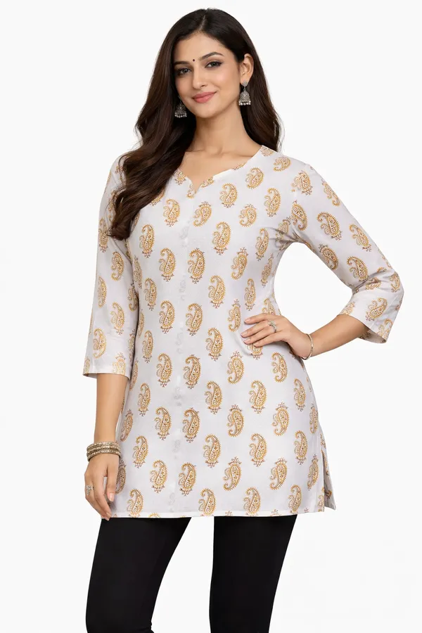 White_And_Mustard_Cotton_Printed_Short_Kurti_For_Women