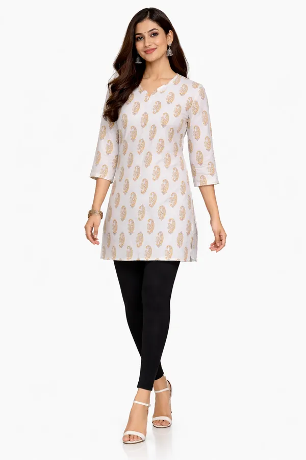 White_And_Mustard_Cotton_Printed_Short_Kurti_For_Women