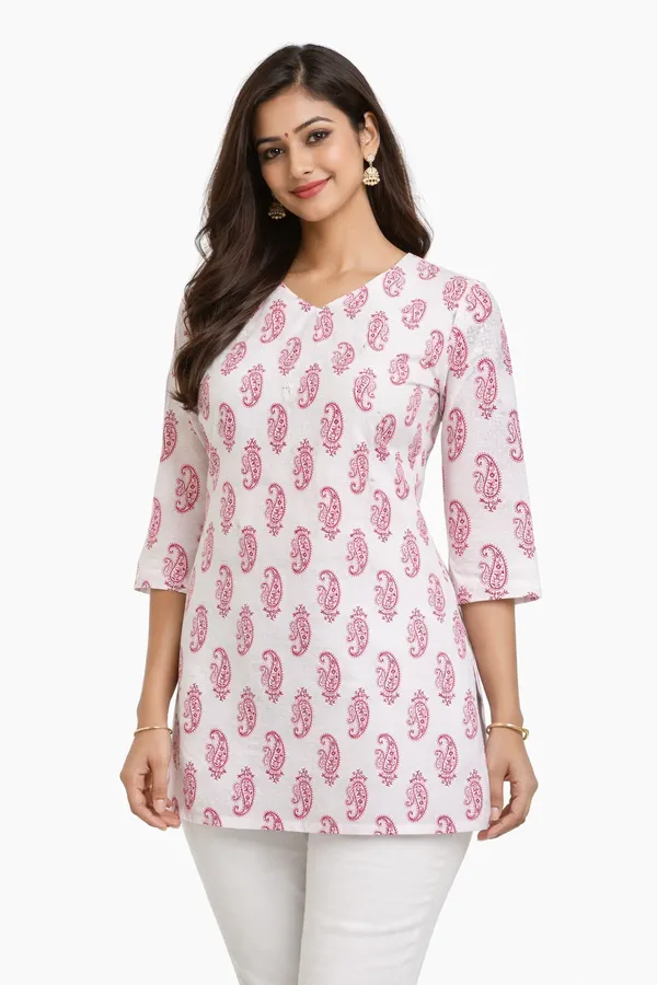 Pink_And_White_Cotton_Printed_Short_Kurti_For_Women