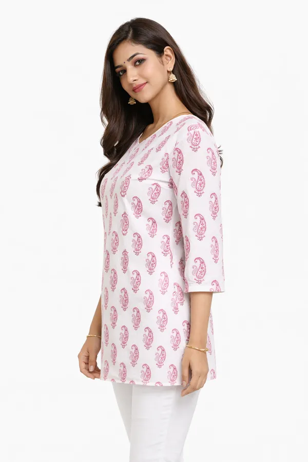 Pink_And_White_Cotton_Printed_Short_Kurti_For_Women