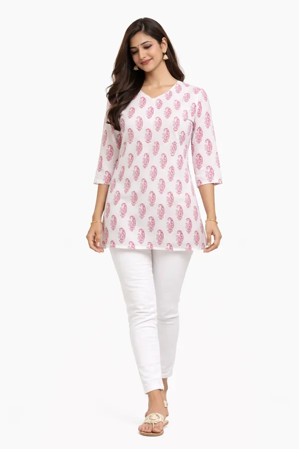 Pink_And_White_Cotton_Printed_Short_Kurti_For_Women