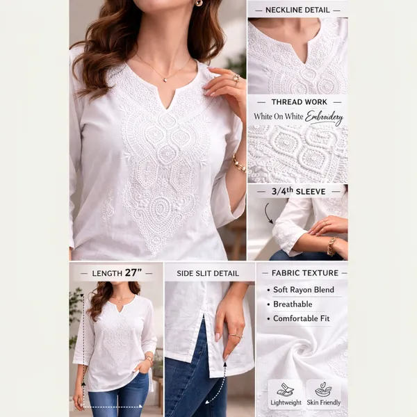 White_Cotton_And_Polyester_Regular_Fit_Embroidered_Short_Kurti_For_Women
