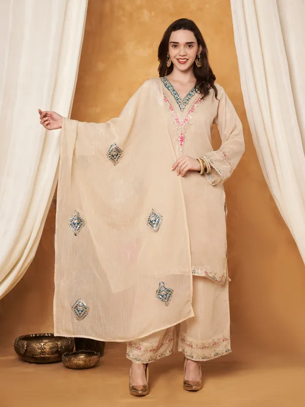 Cream_Polyester_Zari_Embroidered_Suit_Set_For_Women