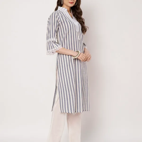 White_And_Blue_Striped_Cotton_And_Polyester_Straight_Fit_Lace_Detail_Kurta_For_Women