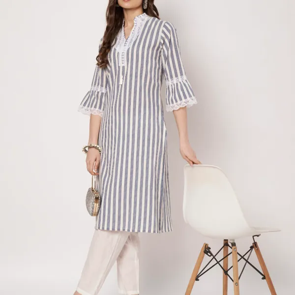White_And_Blue_Striped_Cotton_And_Polyester_Straight_Fit_Lace_Detail_Kurta_For_Women