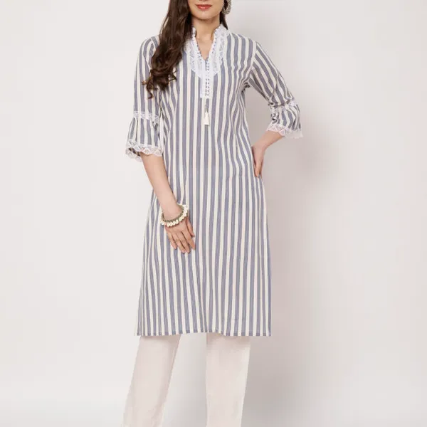 White_And_Blue_Striped_Cotton_And_Polyester_Straight_Fit_Lace_Detail_Kurta_For_Women