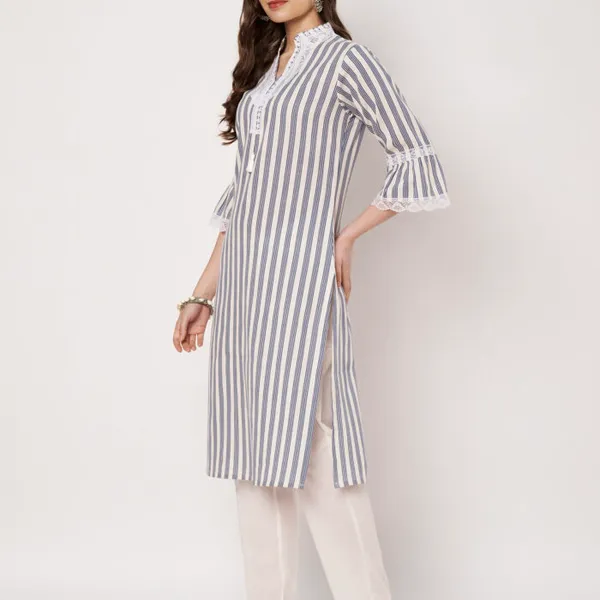 White_And_Blue_Striped_Cotton_And_Polyester_Straight_Fit_Lace_Detail_Kurta_For_Women