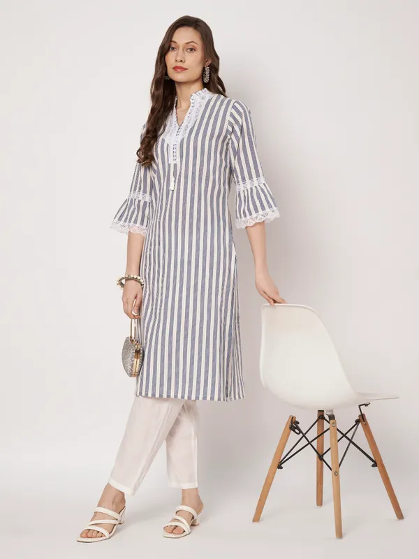 White_And_Blue_Striped_Cotton_And_Polyester_Straight_Fit_Lace_Detail_Kurta_For_Women