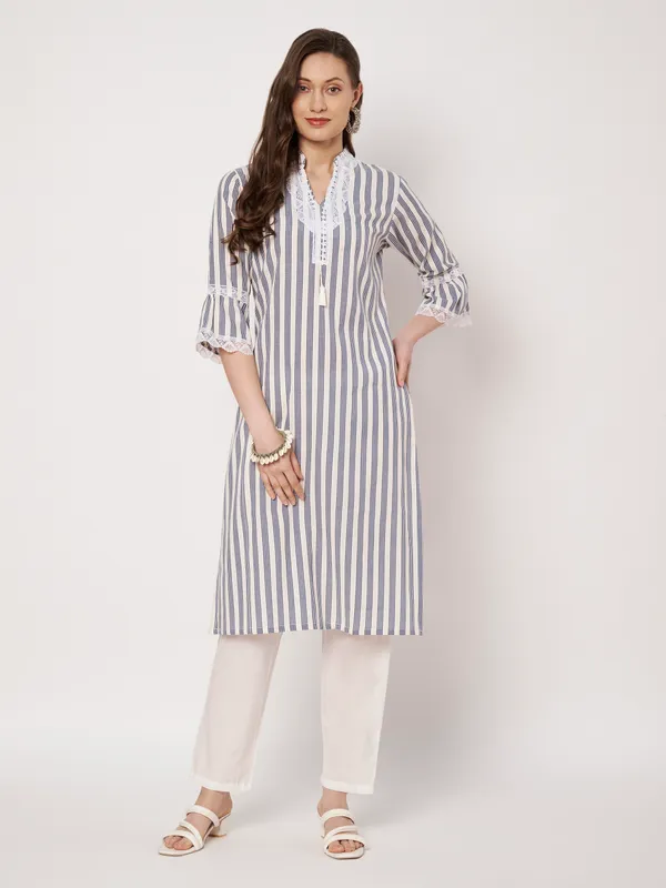 White_And_Blue_Striped_Cotton_And_Polyester_Straight_Fit_Lace_Detail_Kurta_For_Women